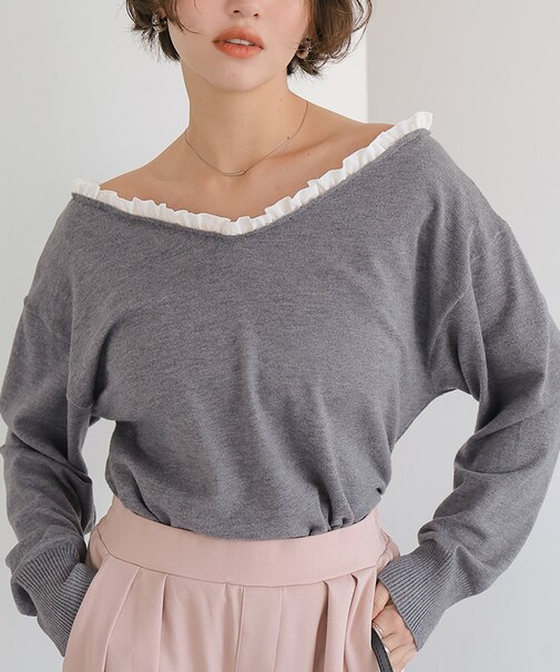 異素材コンビオフショルダートップス