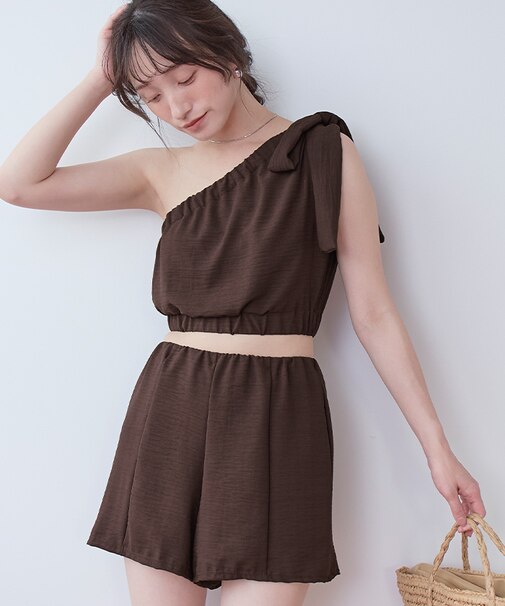 3点セット/ギャザーワンショルダービキニ×ショートパンツ/水着