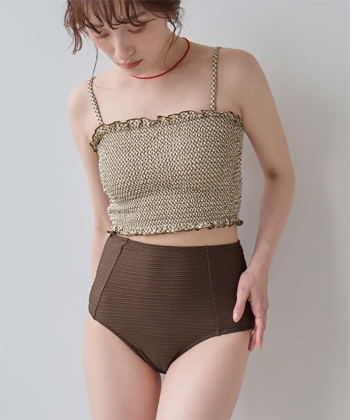 4点セット/長袖トップス付シャーリングビキニ×ショートパンツ/水着