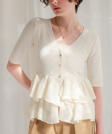 ハーフスリーブフリルヘムニットカーディガン