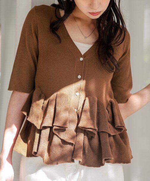 ハーフスリーブフリルヘムニットカーディガン