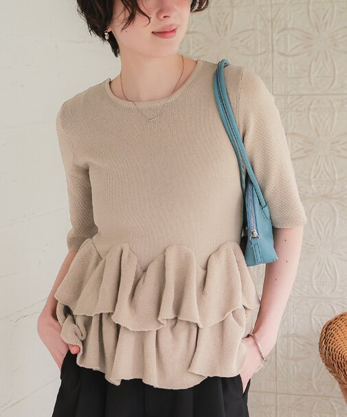 ハーフスリーブフリルヘムニットカーディガン