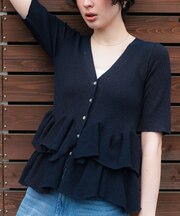 ハーフスリーブフリルヘムニットカーディガン