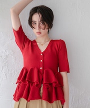 ハーフスリーブフリルヘムニットカーディガン