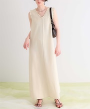 リネンライクVネックフリルデザインノースリーブワンピース