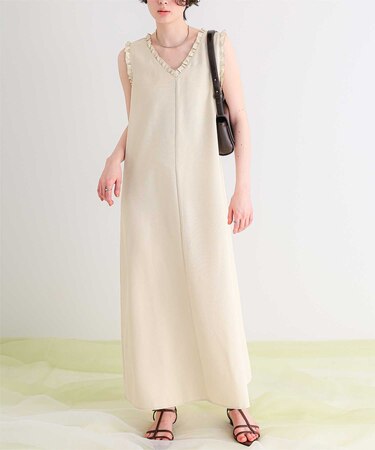リネンライクVネックフリルデザインノースリーブワンピース