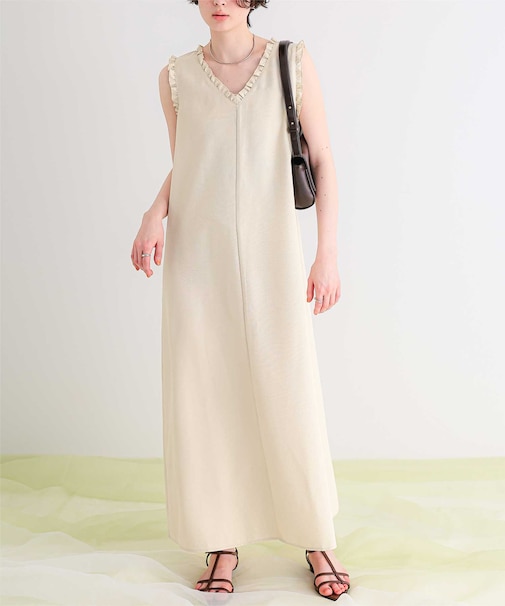 リネンライクVネックフリルデザインノースリーブワンピース