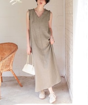 リネンライクVネックフリルデザインノースリーブワンピース