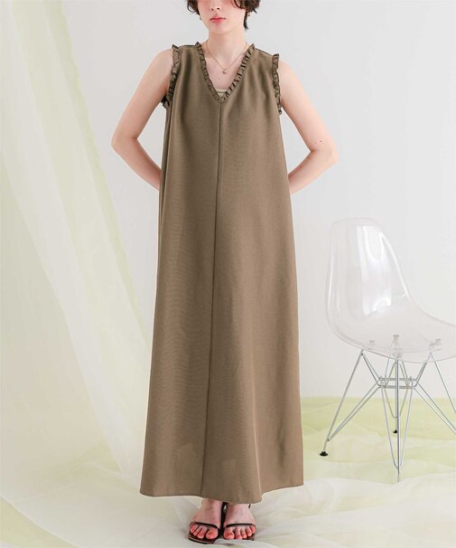 リネンライクVネックフリルデザインノースリーブワンピース