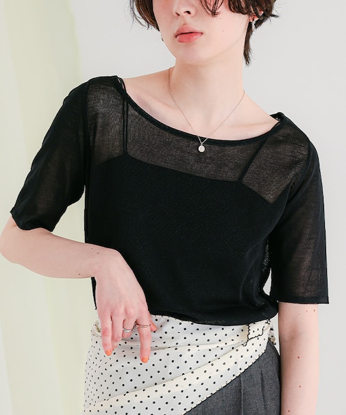 ウォッシャブルリネンタッチハーフスリーブニット