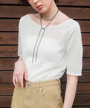 ウォッシャブルリネンタッチハーフスリーブニット