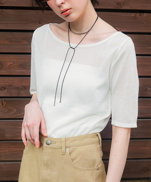 ウォッシャブルリネンタッチハーフスリーブニット