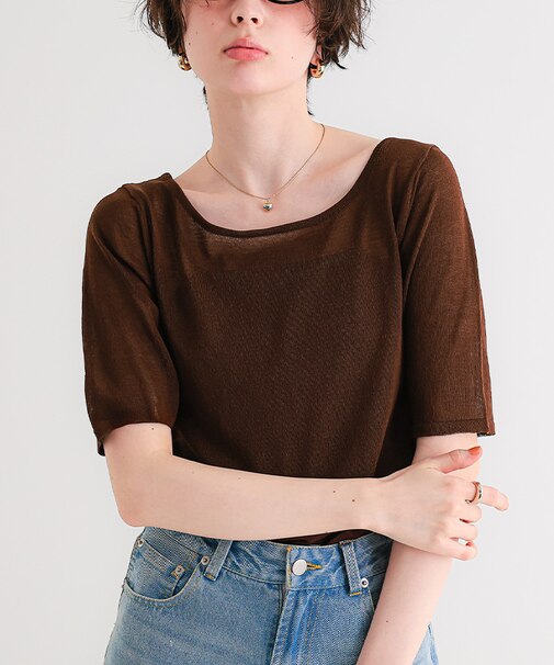 ウォッシャブルリネンタッチハーフスリーブニット