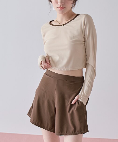 3点セット/パイピング長袖ビキニ×ショートパンツ/水着