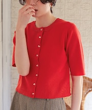 クリア釦UVケア半袖ニットカーディガン