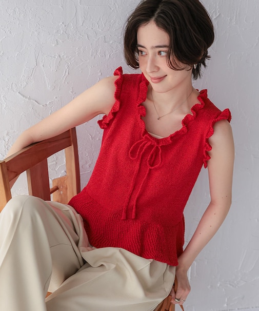 リボン付きフリルデザインノースリーブニット