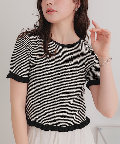 フリルスリーブ半袖ニットトップス