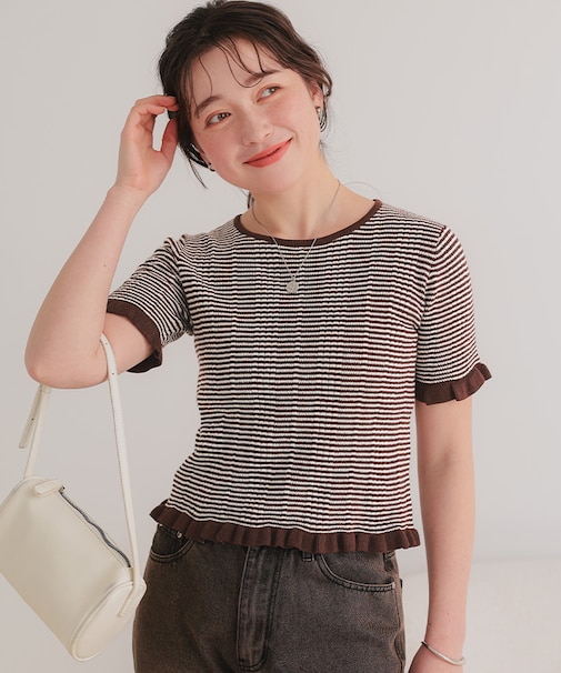 フリルスリーブ半袖ニットトップス