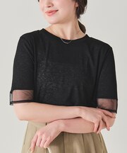 シアー切替ハーフスリーブカットソートップス