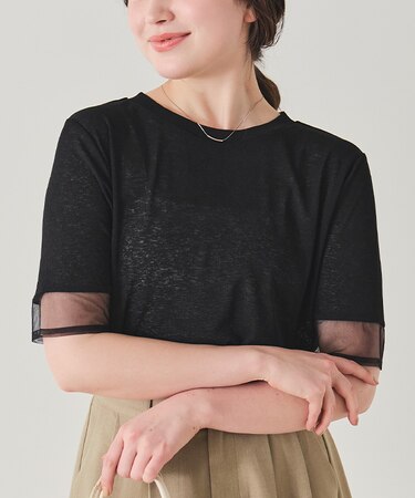 シアー切替ハーフスリーブカットソートップス