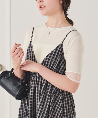 シアー切替ハーフスリーブカットソートップス