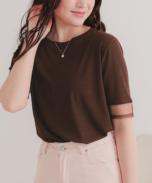 シアー切替ハーフスリーブカットソートップス