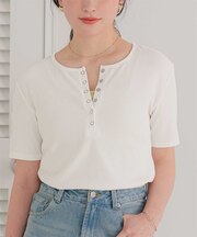 機能性リブカットソーヘンリーネックトップス