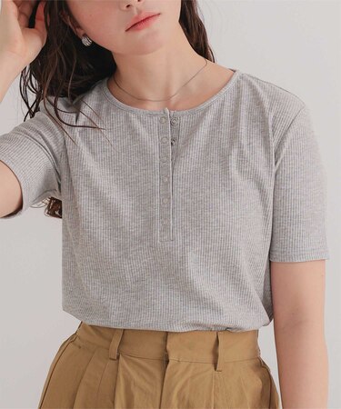 機能性リブカットソーヘンリーネックトップス