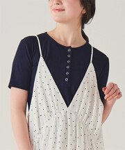 機能性リブカットソーヘンリーネックトップス