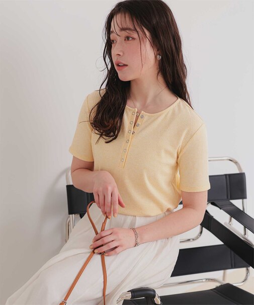 機能性リブカットソーヘンリーネックトップス