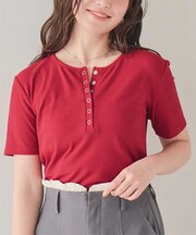 機能性リブカットソーヘンリーネックトップス