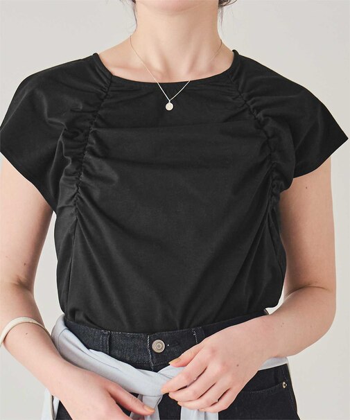 【サステナブル】ギャザーデザインフレンチスリーブトップス