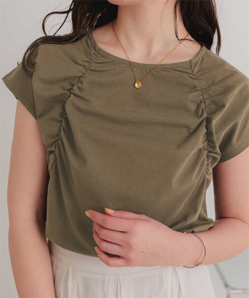 【サステナブル】ギャザーデザインフレンチスリーブトップス
