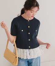 ゴールド釦ハーフスリーブニットカーディガン