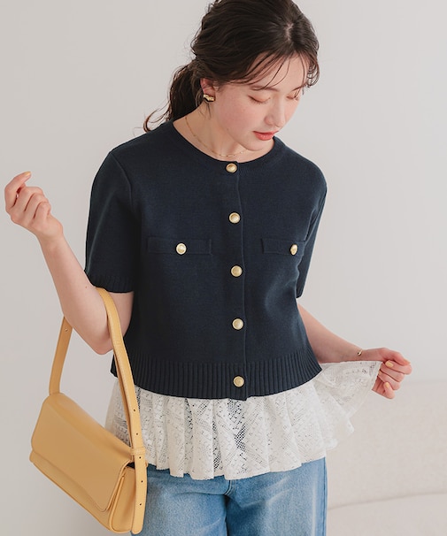 ゴールド釦ハーフスリーブニットカーディガン