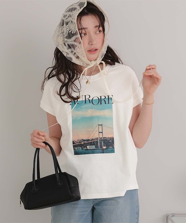 汗染み防止フォトプリントフレンチスリーブトップス