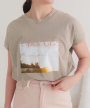 汗染み防止フォトプリントフレンチスリーブトップス