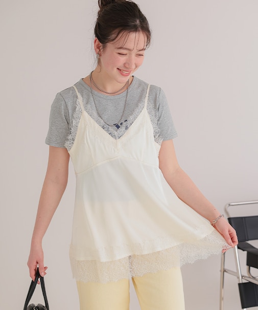 レースサテンキャミソールトップス