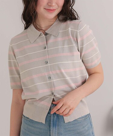 抗ピル襟付きハーフスリーブボーダーニット