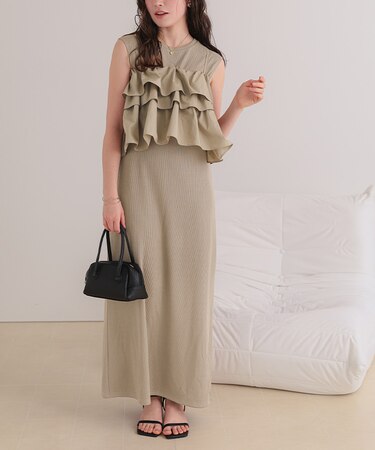 フリルキャミソールトップス/リブカットソーワンピースセット