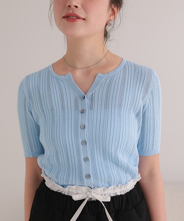 アイレットニットハーフスリーブトップス