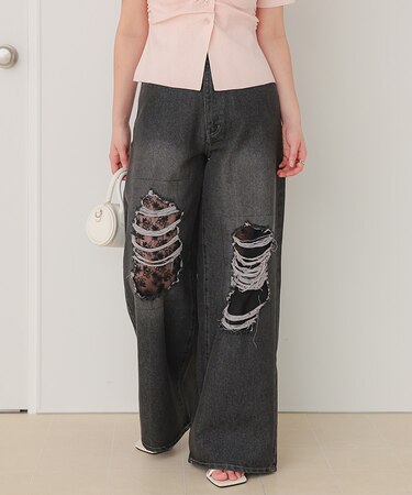 レース付きダメージワイドパンツ