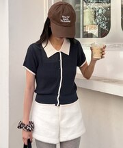 配色襟付き半袖ニットトップス