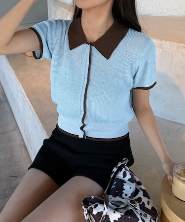 配色襟付き半袖ニットトップス