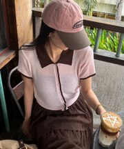 配色襟付き半袖ニットトップス