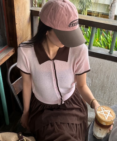 配色襟付き半袖ニットトップス