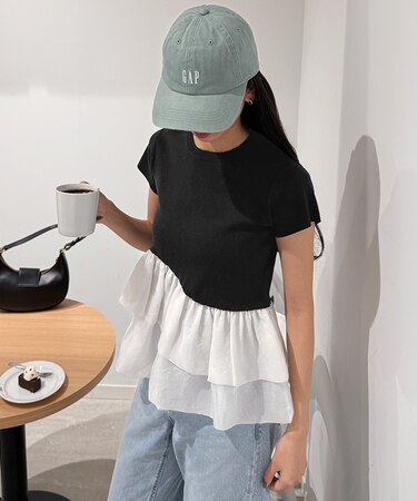 半袖ニットドッキングイレギュラーヘムペプラムトップス