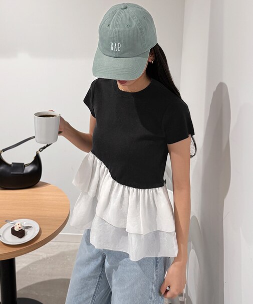 半袖ニットドッキングイレギュラーヘムペプラムトップス