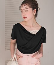オフショルダーハーフスリーブレースドッキングTシャツ