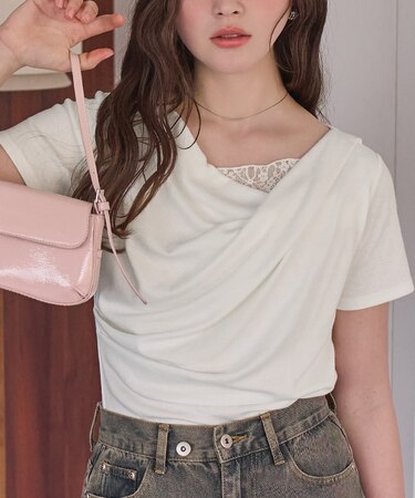 オフショルダーハーフスリーブレースドッキングTシャツ